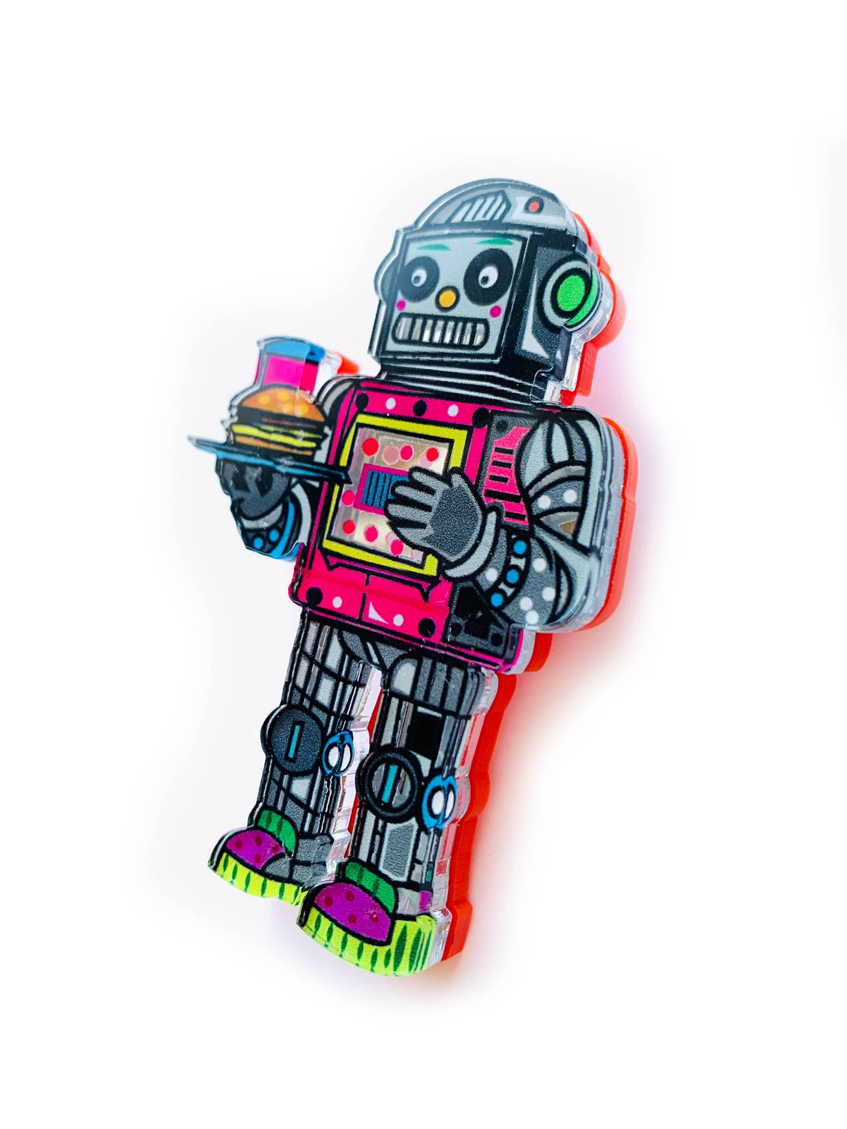Retro Diner Robot Brooch 1950s Sci-Fi Waiter Acrylic Pin