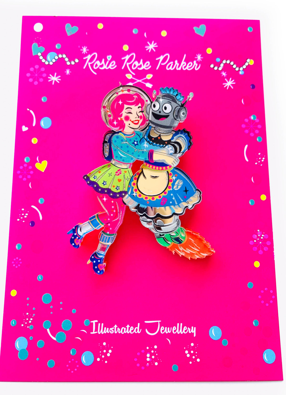 Robot & Space Girl Acrylic Brooch,Retro Sci-Fi Pin