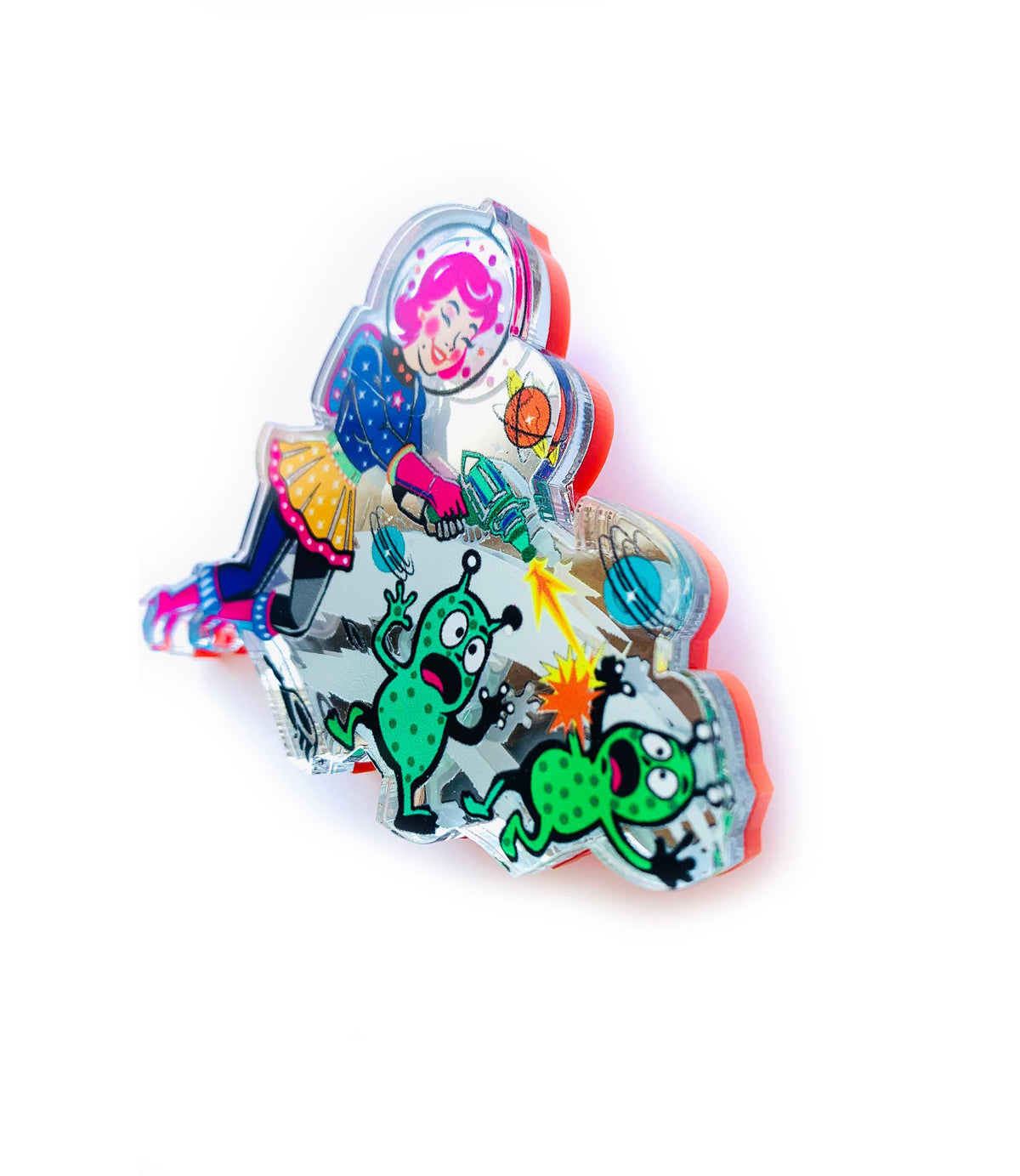 Space Girl Alien Blaster Acrylic Brooch, Retro Sci-Fi Pin