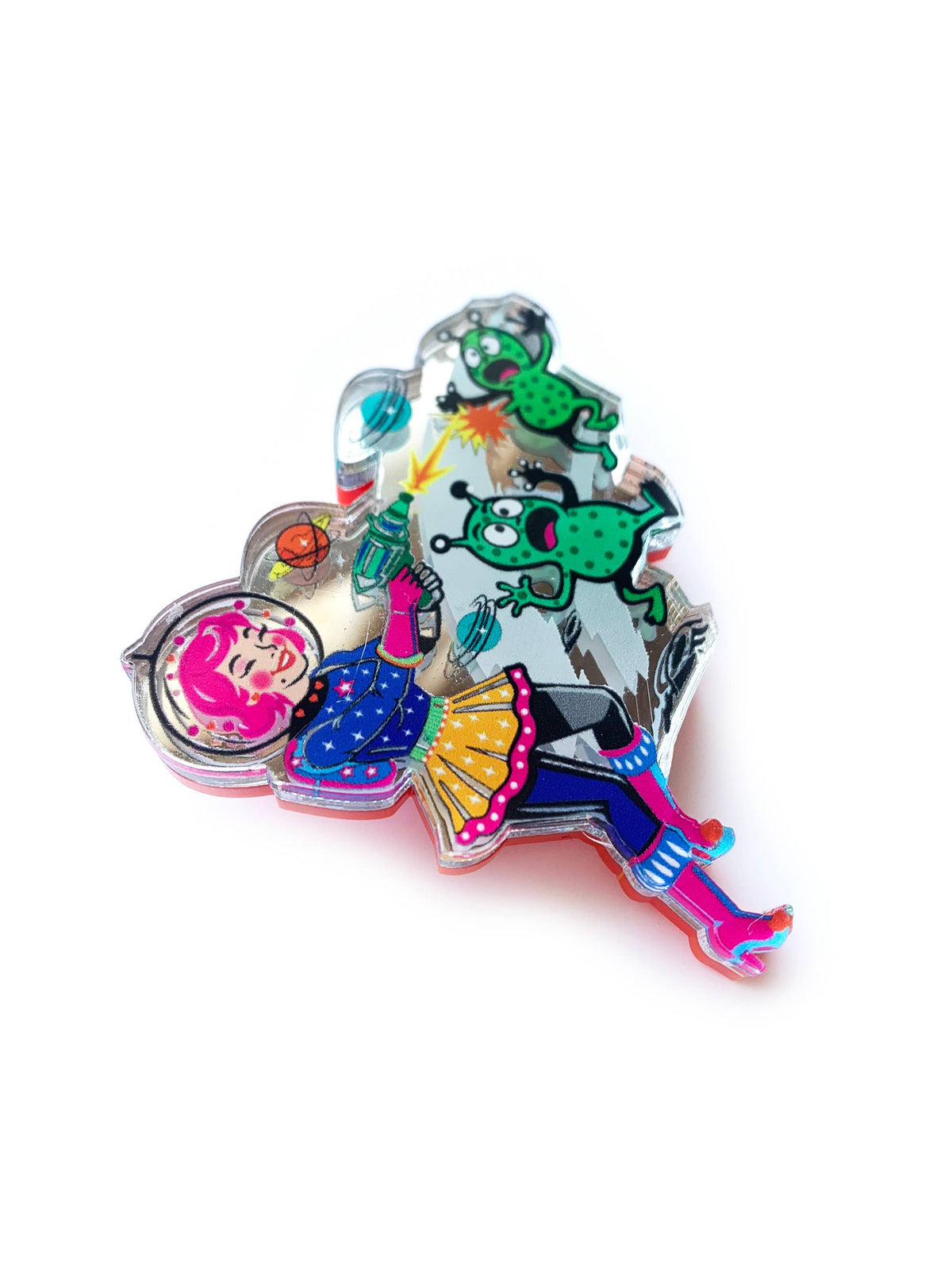 Space Girl Alien Blaster Acrylic Brooch, Retro Sci-Fi Pin