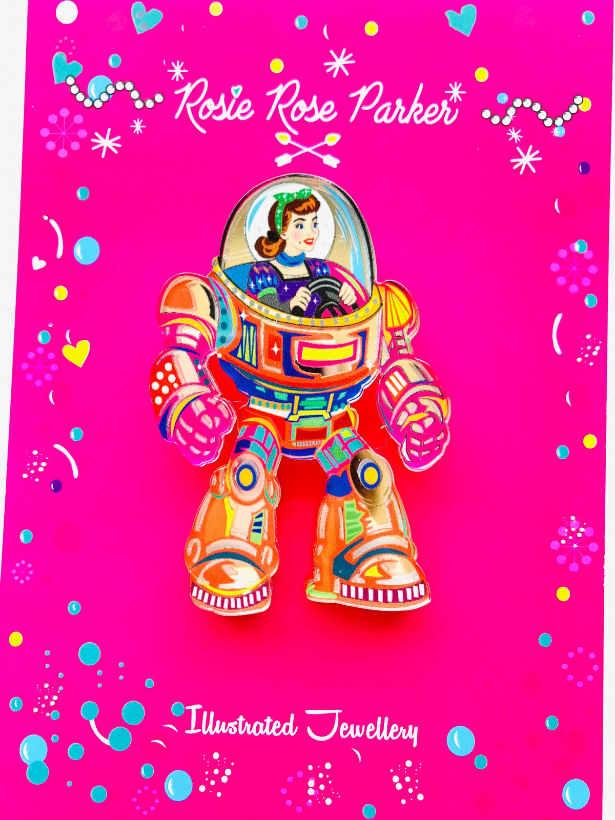 Space Girl Mech Suit Acrylic Brooch ,Retro quirky Sci-Fi Pin