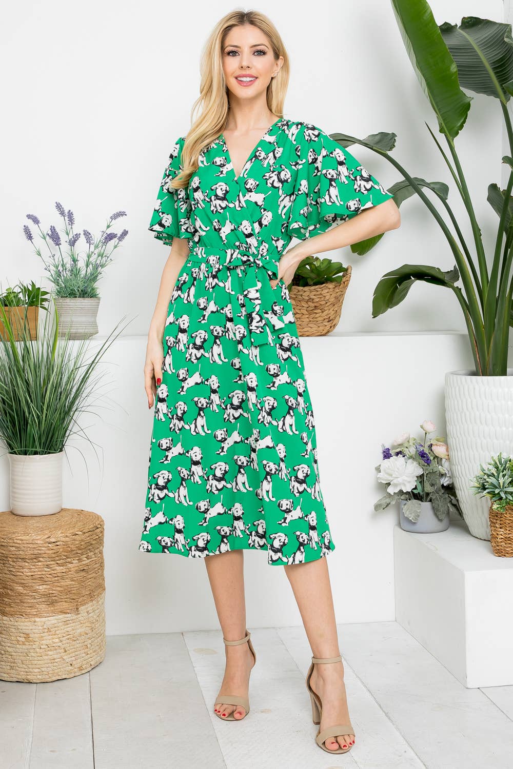 Dog Print Midi Length Dress: S