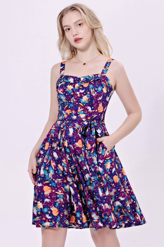248142 - Kyla - Soysilk Fit & Flare Dress With Pockets: Purple Multi / M
