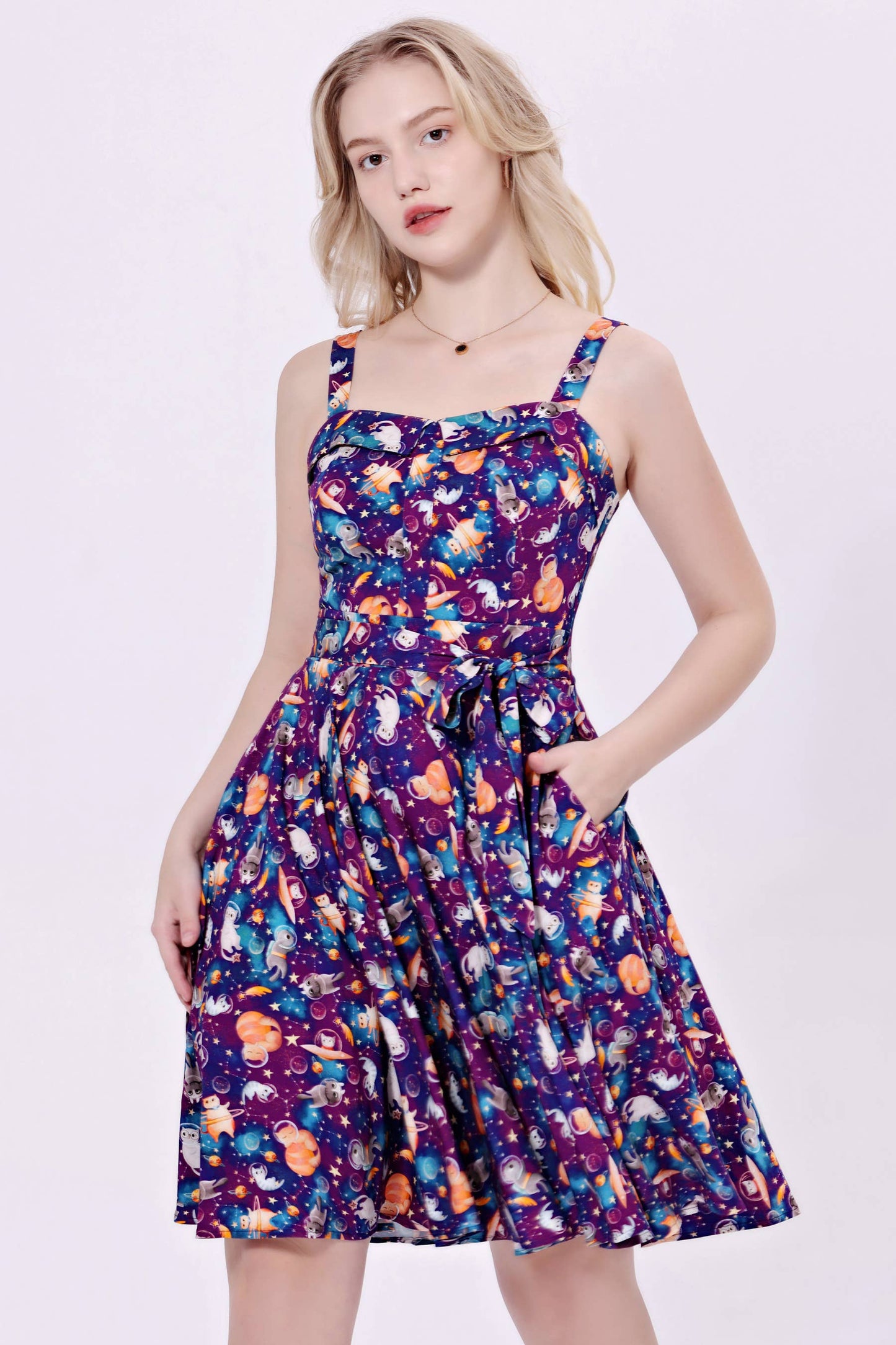 248142 - Kyla - Soysilk Fit & Flare Dress With Pockets: Purple Multi / XL