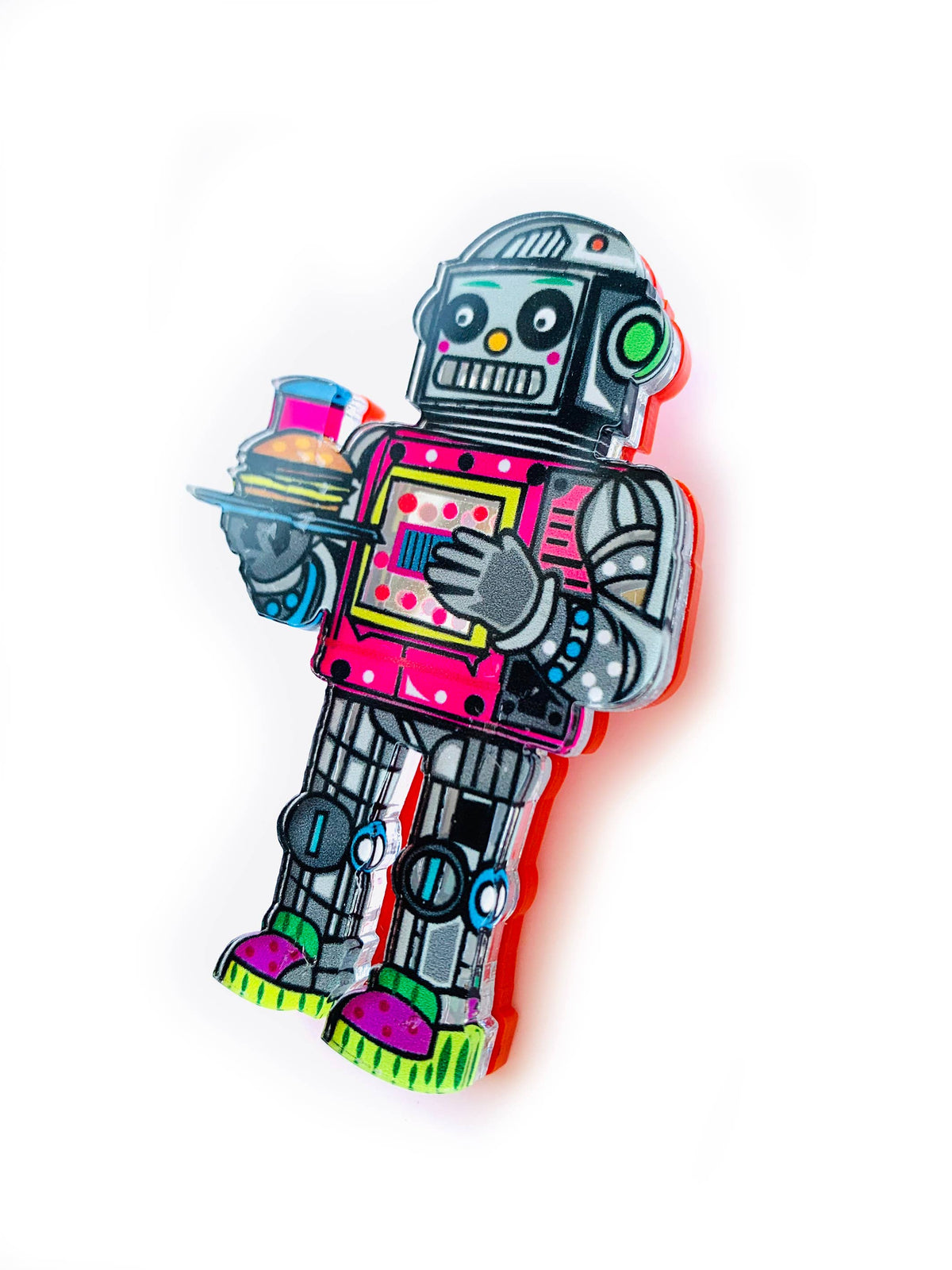 Retro Diner Robot Brooch 1950s Sci-Fi Waiter Acrylic Pin