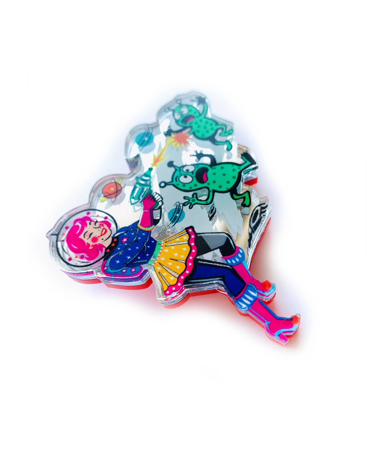 Space Girl Alien Blaster Acrylic Brooch, Retro Sci-Fi Pin