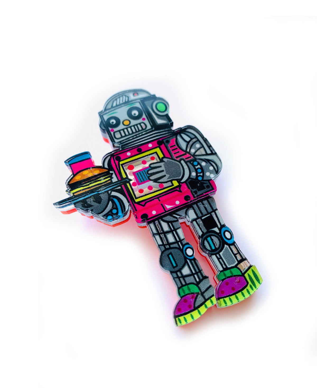 Retro Diner Robot Brooch 1950s Sci-Fi Waiter Acrylic Pin