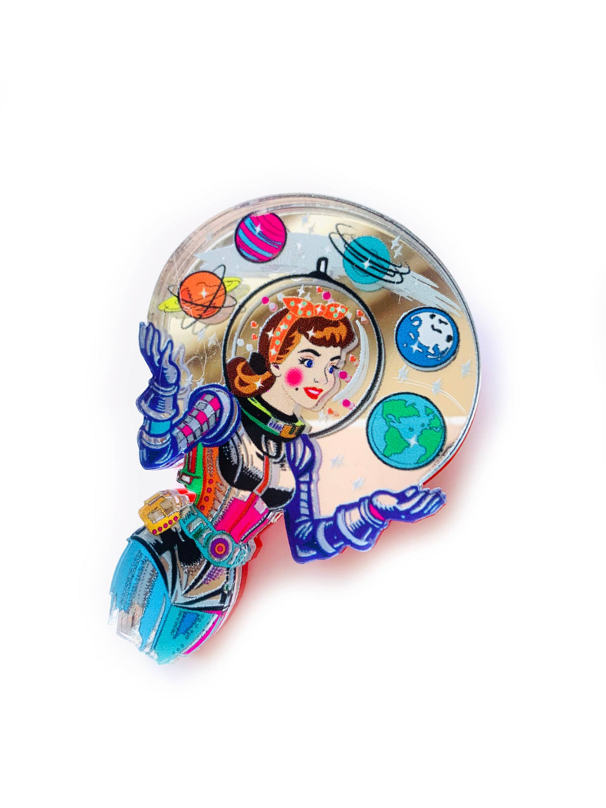 Space Girl Juggling Planets Acrylic Brooch,Retro Sci-Fi Pi