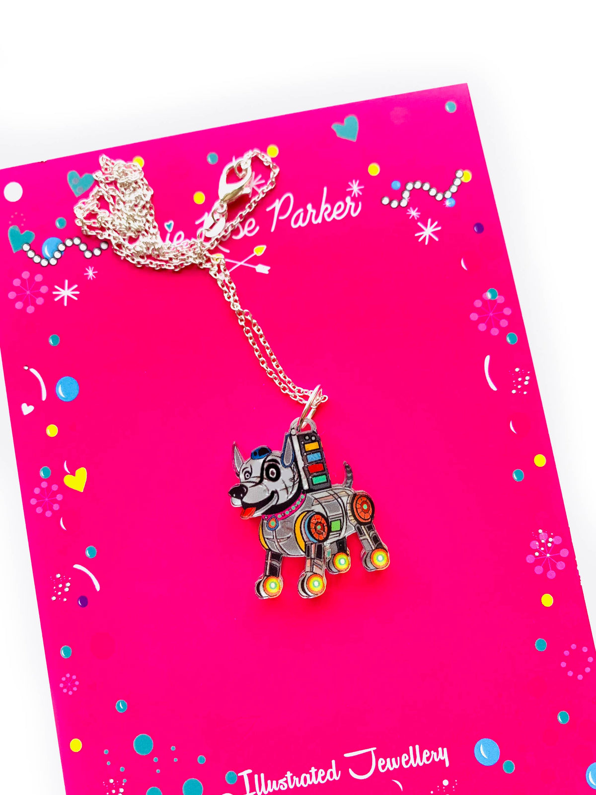 Robot Dog Pendant Necklace .Quirky Retro Sci-Fi jewellery: Sterling Silver Plated