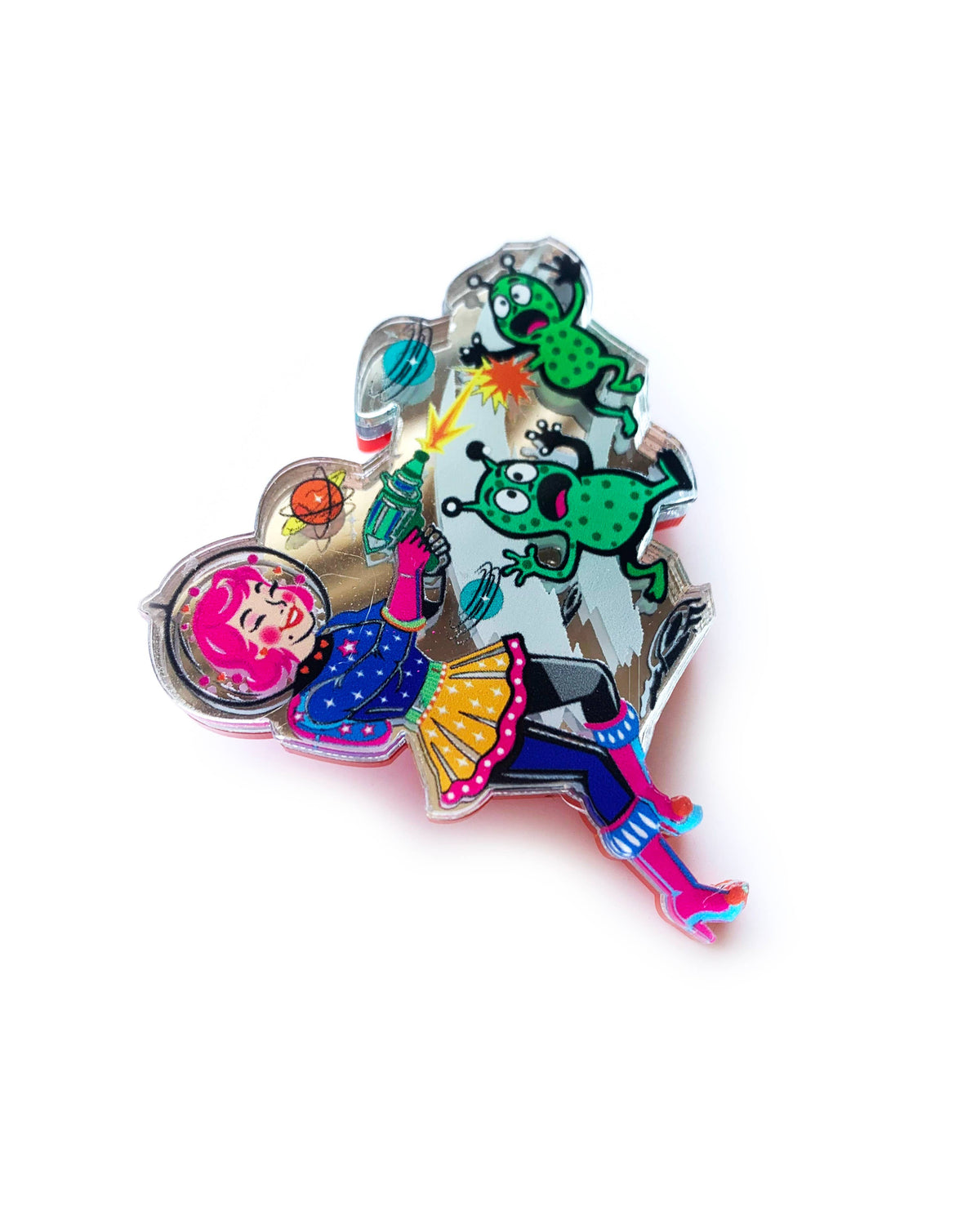 Space Girl Alien Blaster Acrylic Brooch, Retro Sci-Fi Pin