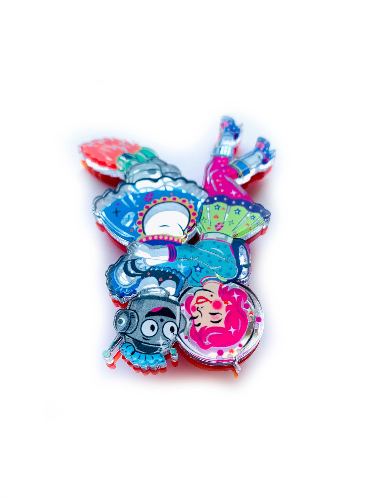 Robot & Space Girl Acrylic Brooch,Retro Sci-Fi Pin