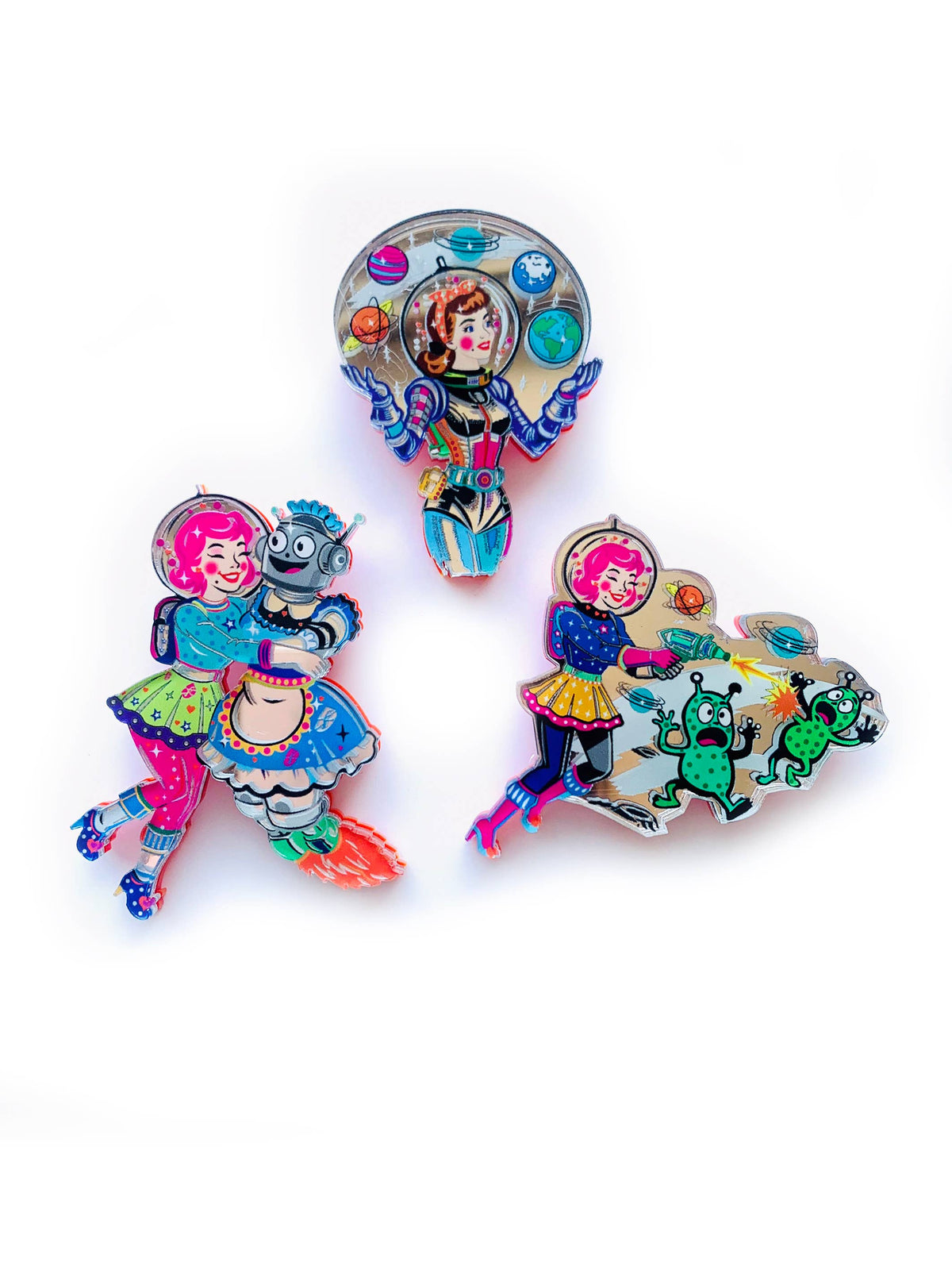 Space Girl Juggling Planets Acrylic Brooch,Retro Sci-Fi Pi