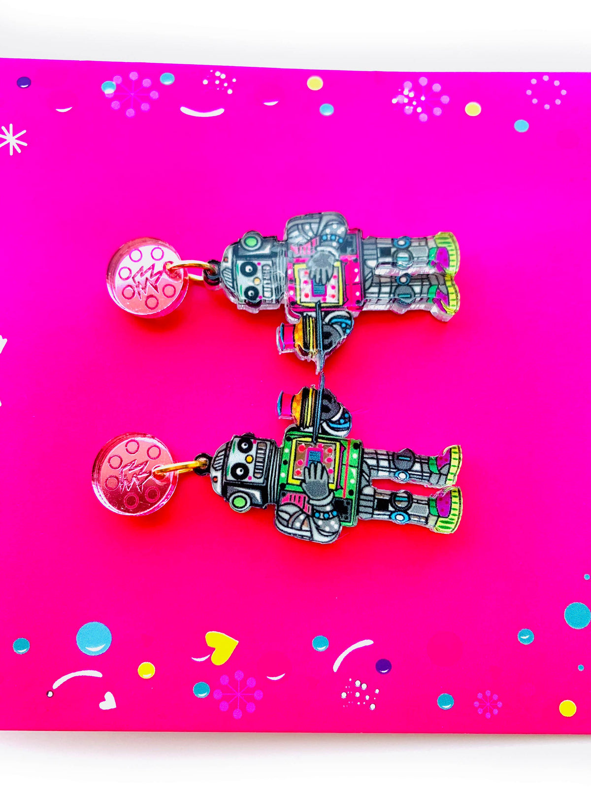Retro Robot Acrylic Dangle Earrings – Quirky Sci-Fi Jewelry