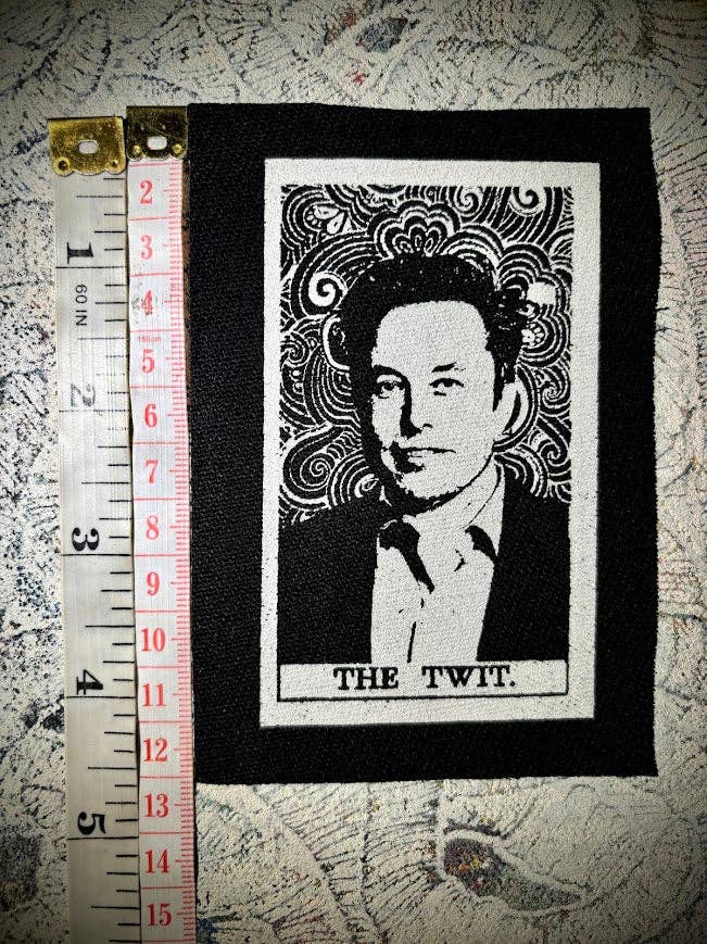 Elon Musk, The Twit tarot card patch.: Black w/white ink