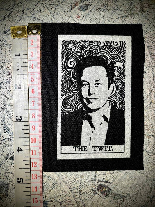 Elon Musk, The Twit tarot card patch.: Black w/white ink