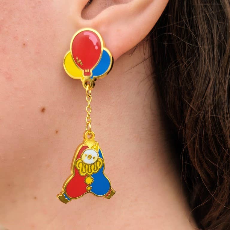 Dangling Clown Earrings: Saturated Silver