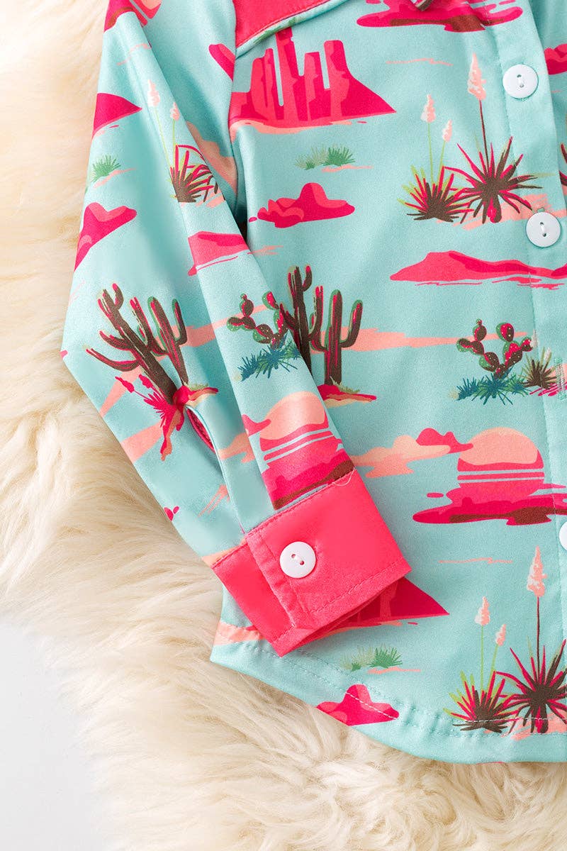 Pink & aqua dessert cactus printed button long shirt.(Western) TPG50653 JEAN: XS