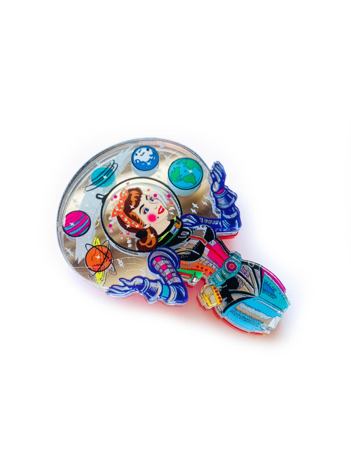Space Girl Juggling Planets Acrylic Brooch,Retro Sci-Fi Pi