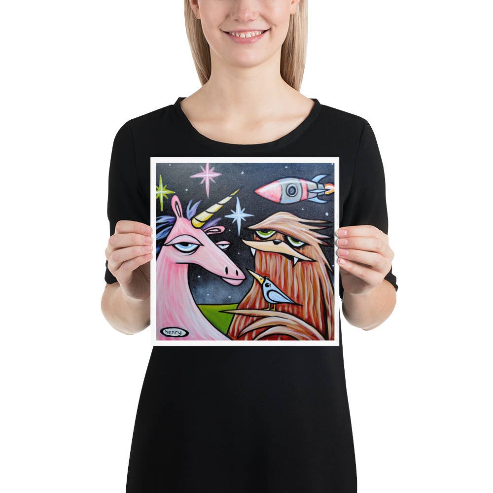 Unicorn, Sasquatch and Rocket Paper Print: 12 x 12