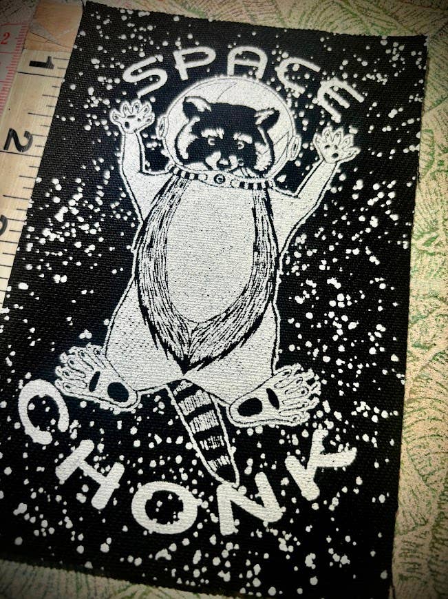 Space Chonk, Raccoon space traveler patch.: Black w/white ink