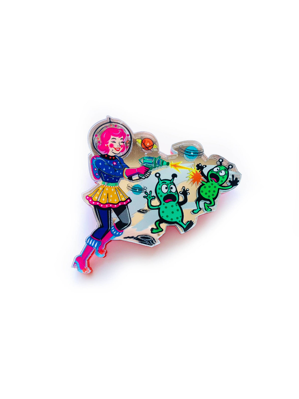 Space Girl Alien Blaster Acrylic Brooch, Retro Sci-Fi Pin