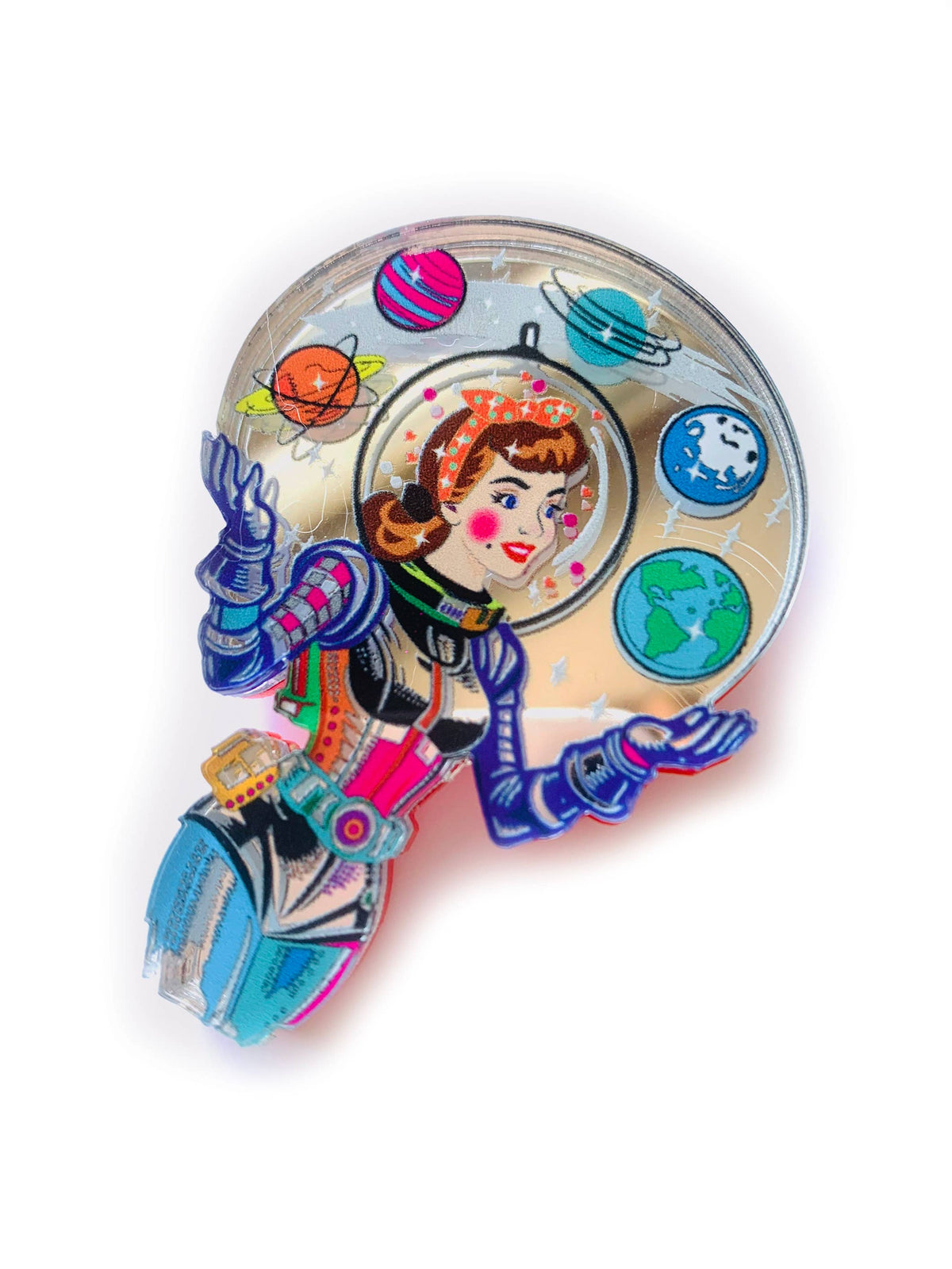 Space Girl Juggling Planets Acrylic Brooch,Retro Sci-Fi Pi