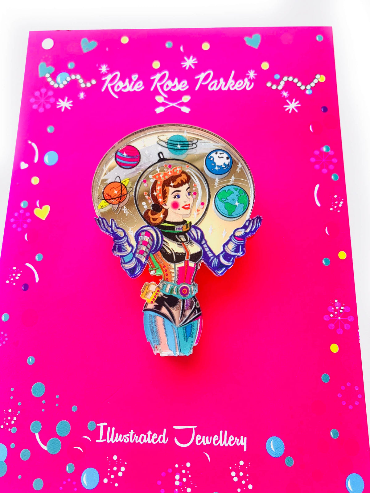 Space Girl Juggling Planets Acrylic Brooch,Retro Sci-Fi Pi