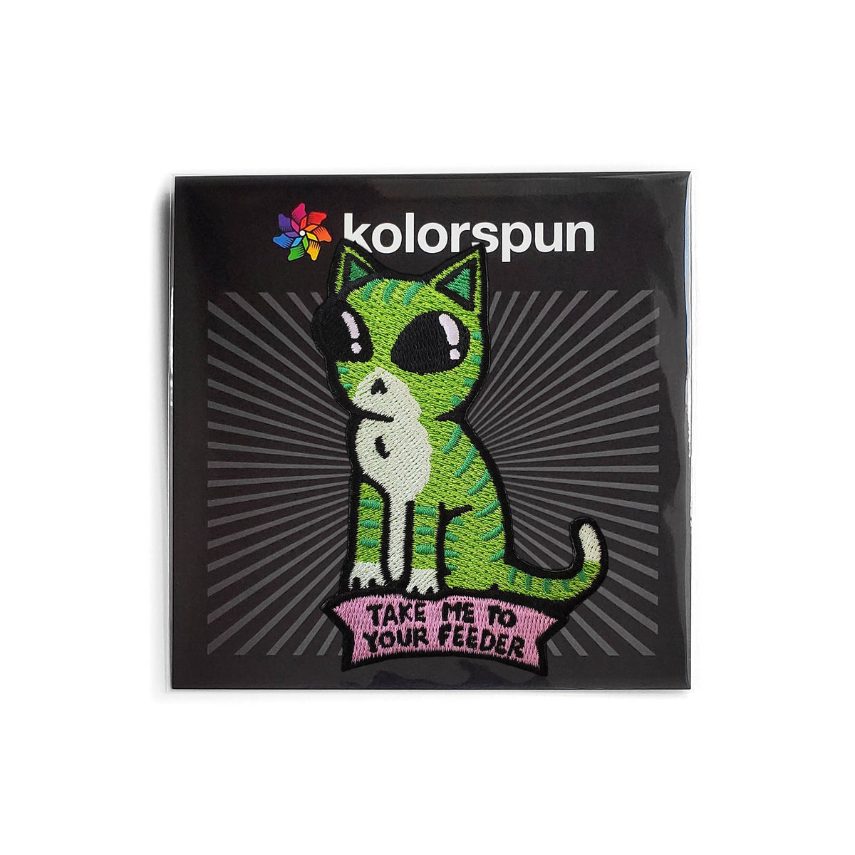 Take Me To Your Feeder Alien Cat Embroidered Patch: Iron On / Hang Tag Packaging