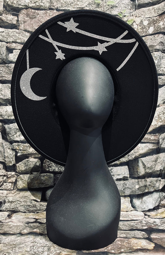 Vegan Felt Wide Brim Hat - XL Brim - Hanging Moon & Stars