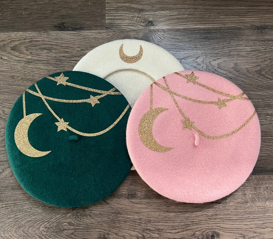 Fox & Fable - Vegan Beret - Gold Hanging Moon and Stars