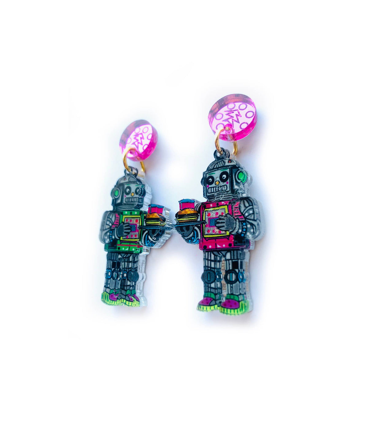 Retro Robot Acrylic Dangle Earrings – Quirky Sci-Fi Jewelry
