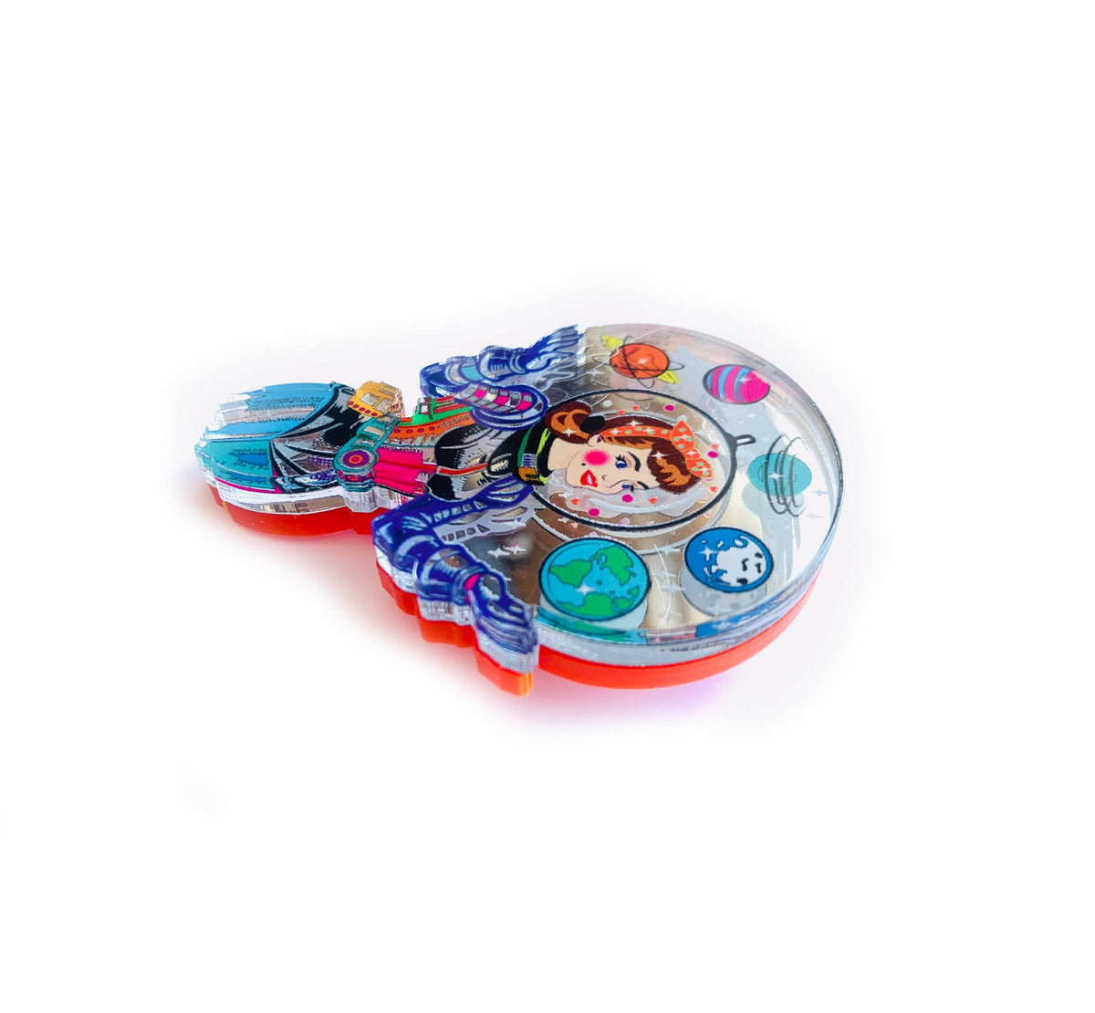Space Girl Juggling Planets Acrylic Brooch,Retro Sci-Fi Pi
