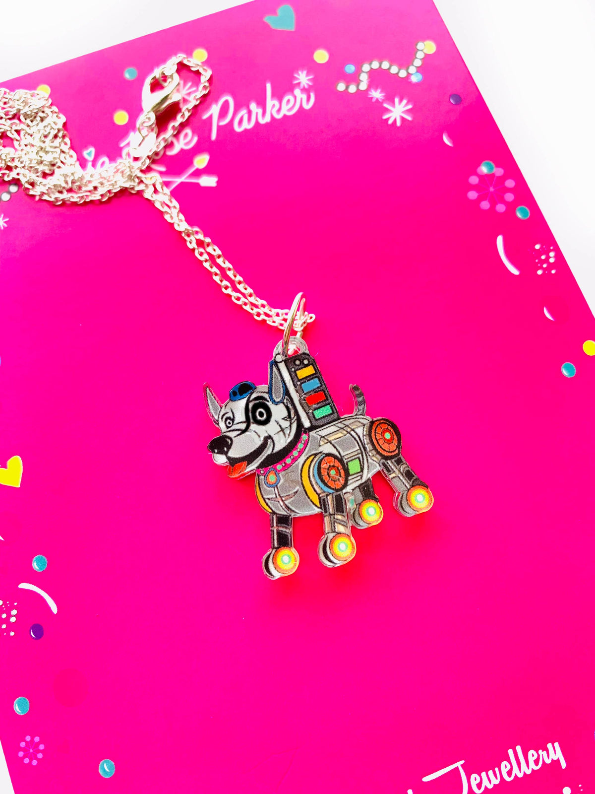 Robot Dog Pendant Necklace .Quirky Retro Sci-Fi jewellery: Sterling Silver Plated