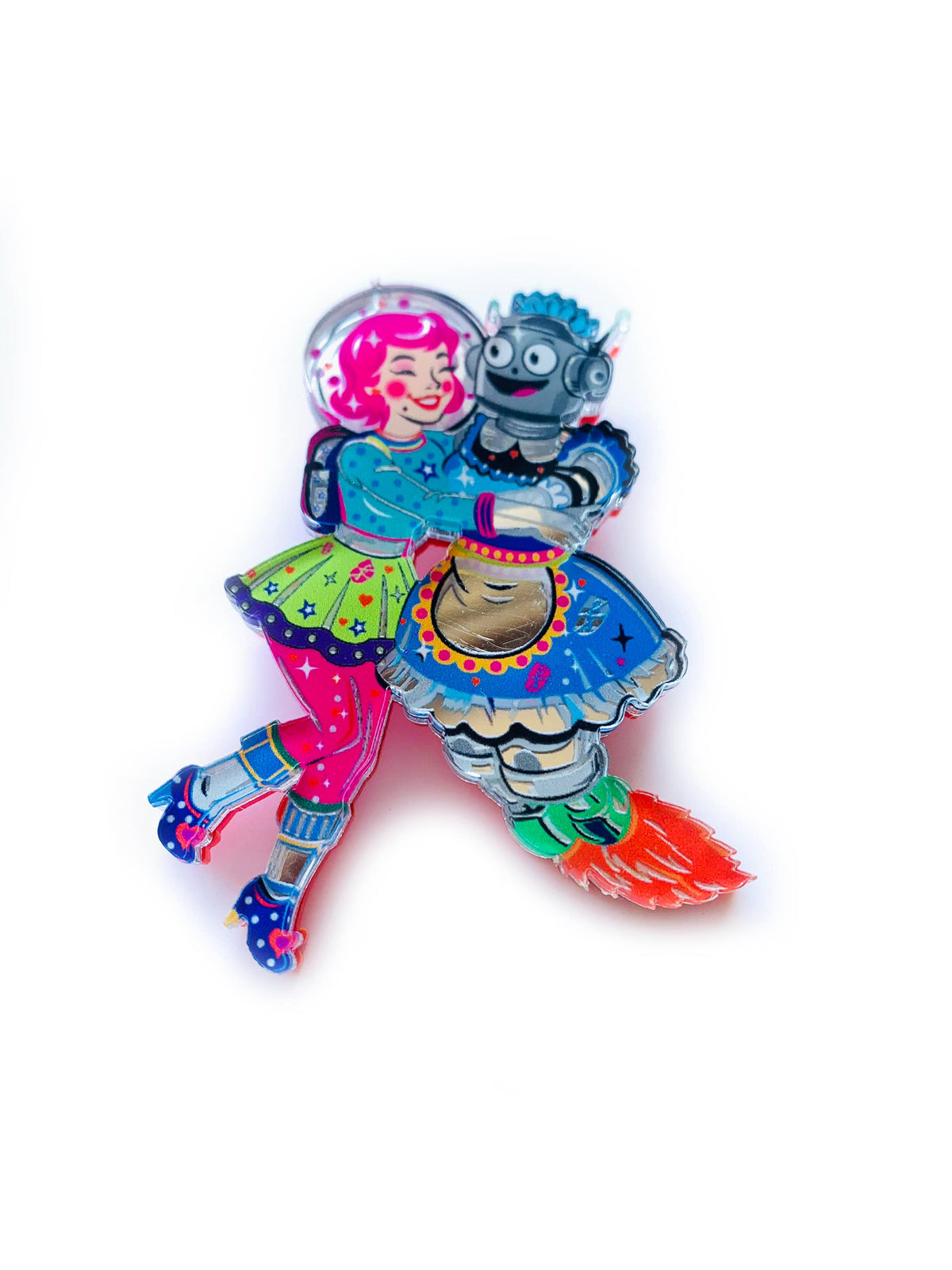 Robot & Space Girl Acrylic Brooch,Retro Sci-Fi Pin