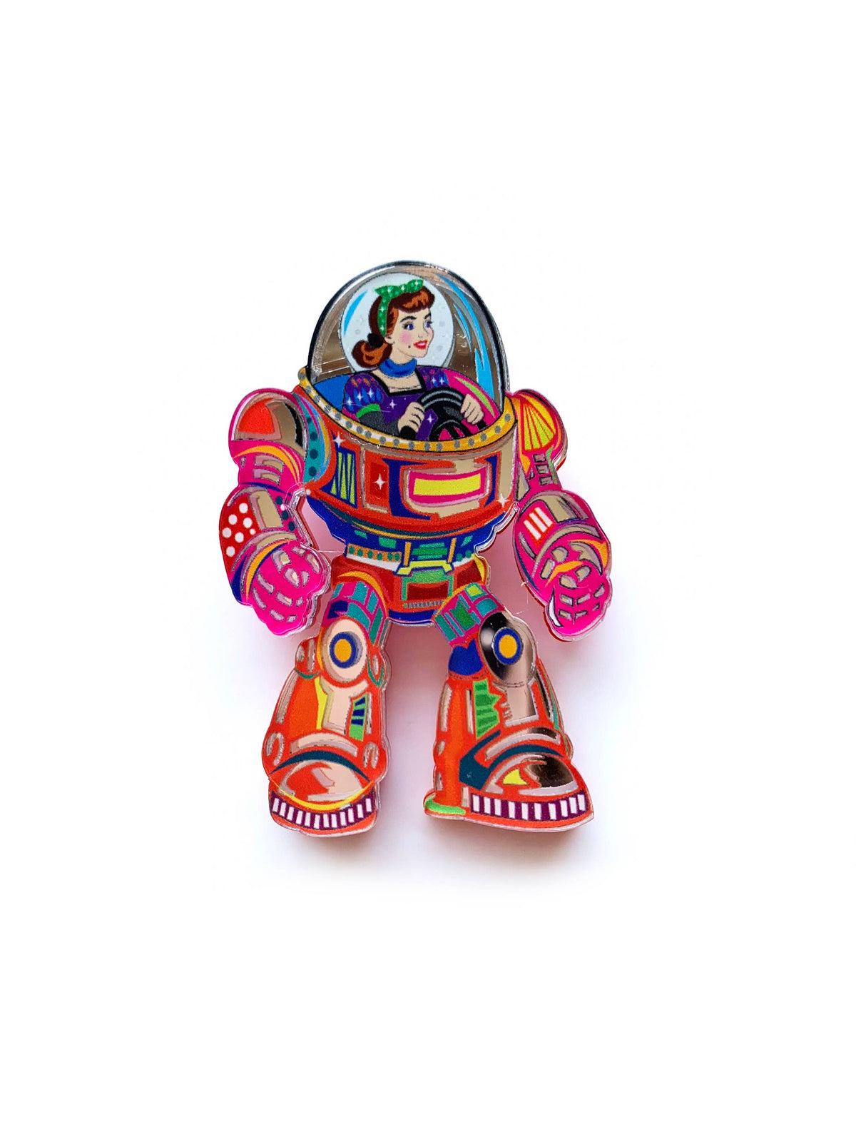Space Girl Mech Suit Acrylic Brooch ,Retro quirky Sci-Fi Pin