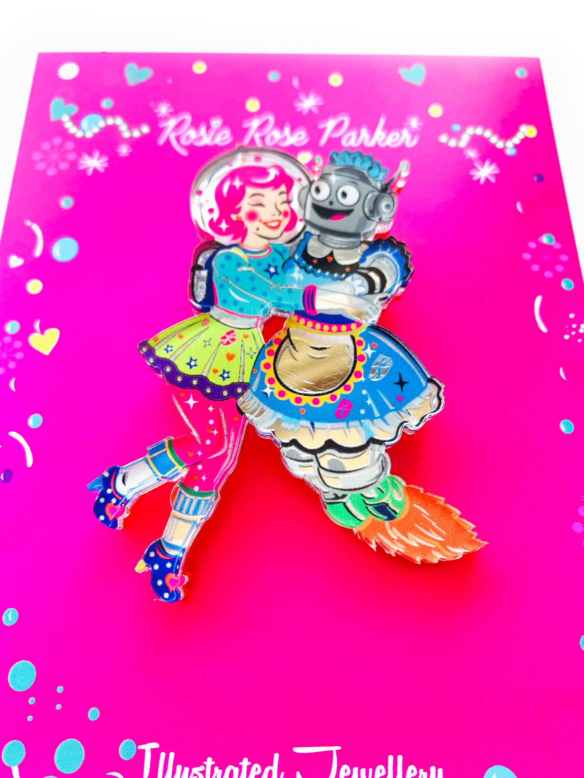 Robot & Space Girl Acrylic Brooch,Retro Sci-Fi Pin