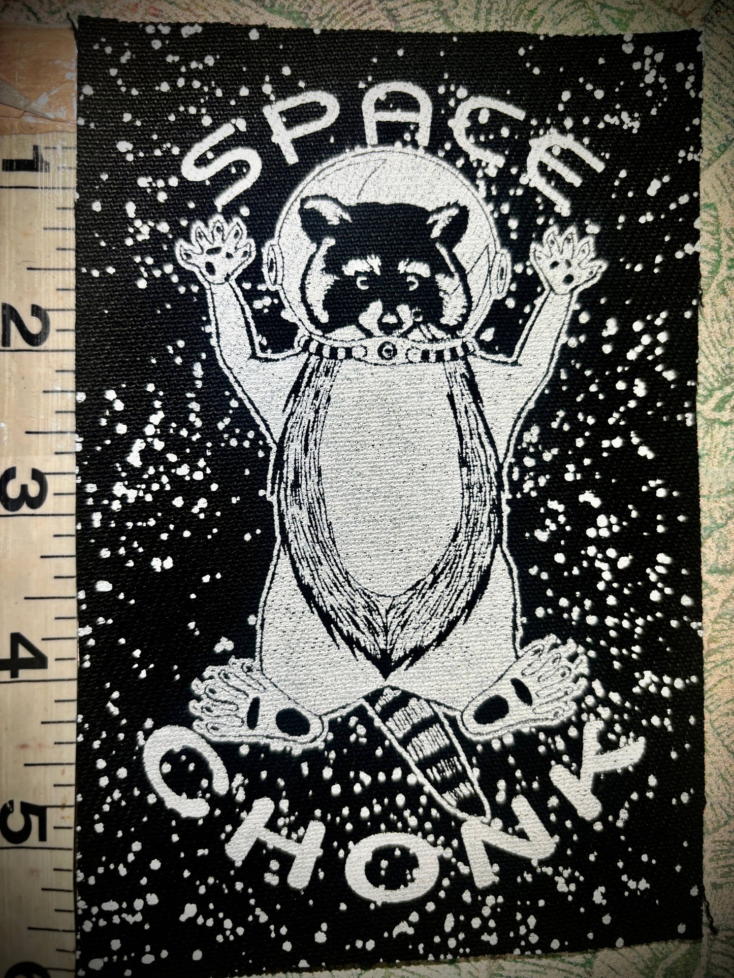 Space Chonk, Raccoon space traveler patch.: Black w/white ink
