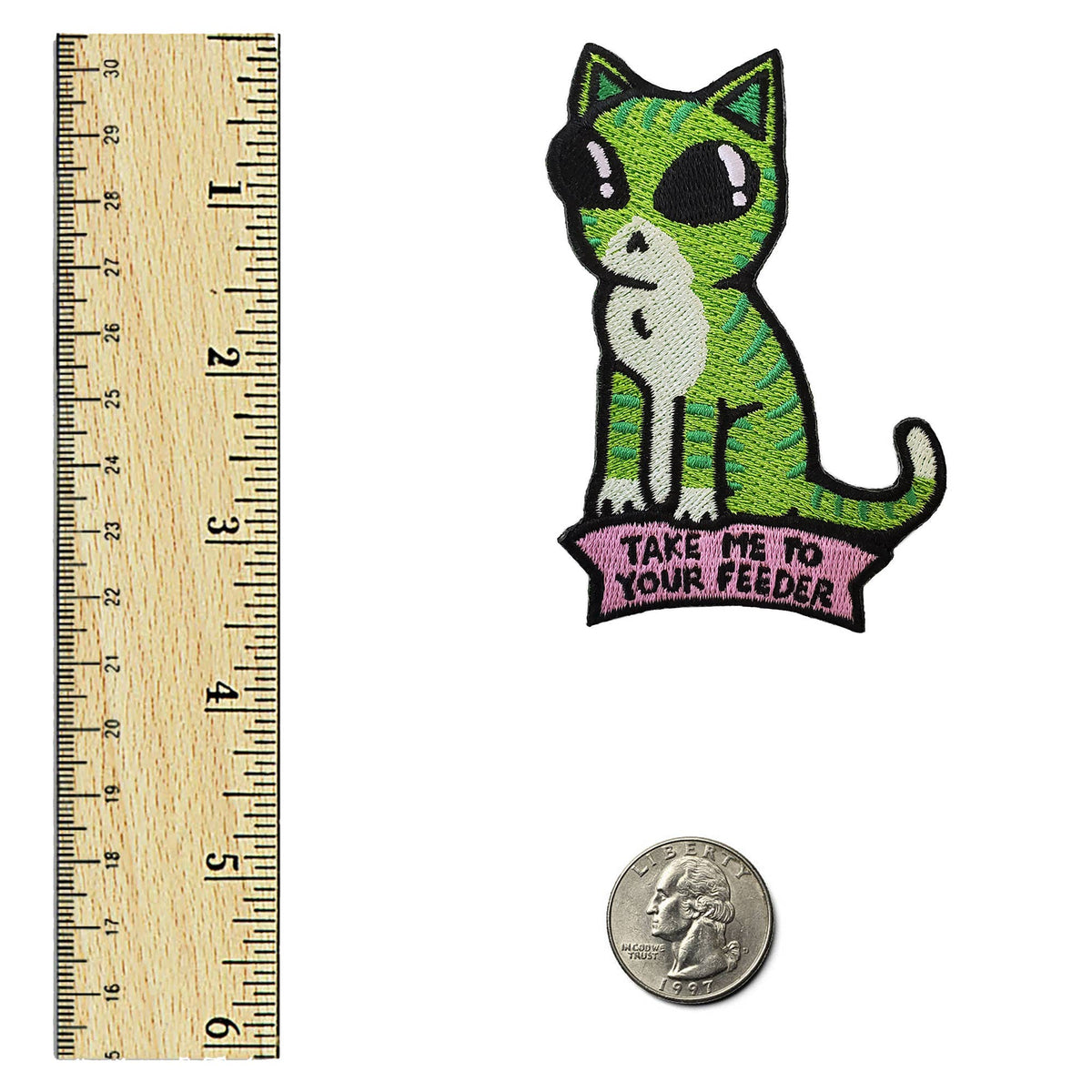 Take Me To Your Feeder Alien Cat Embroidered Patch: Iron On / Hang Tag Packaging