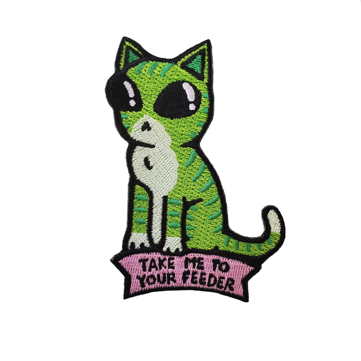 Take Me To Your Feeder Alien Cat Embroidered Patch: Iron On / Hang Tag Packaging