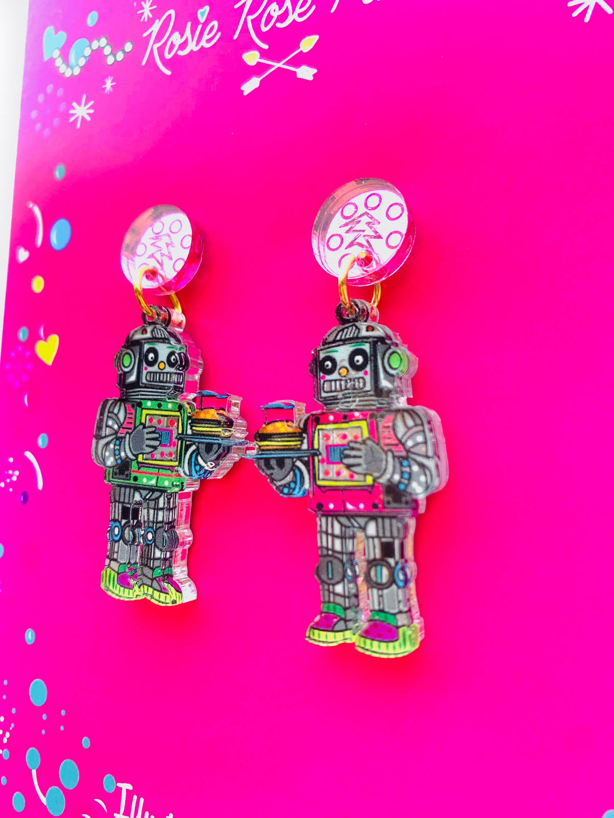 Retro Robot Acrylic Dangle Earrings – Quirky Sci-Fi Jewelry