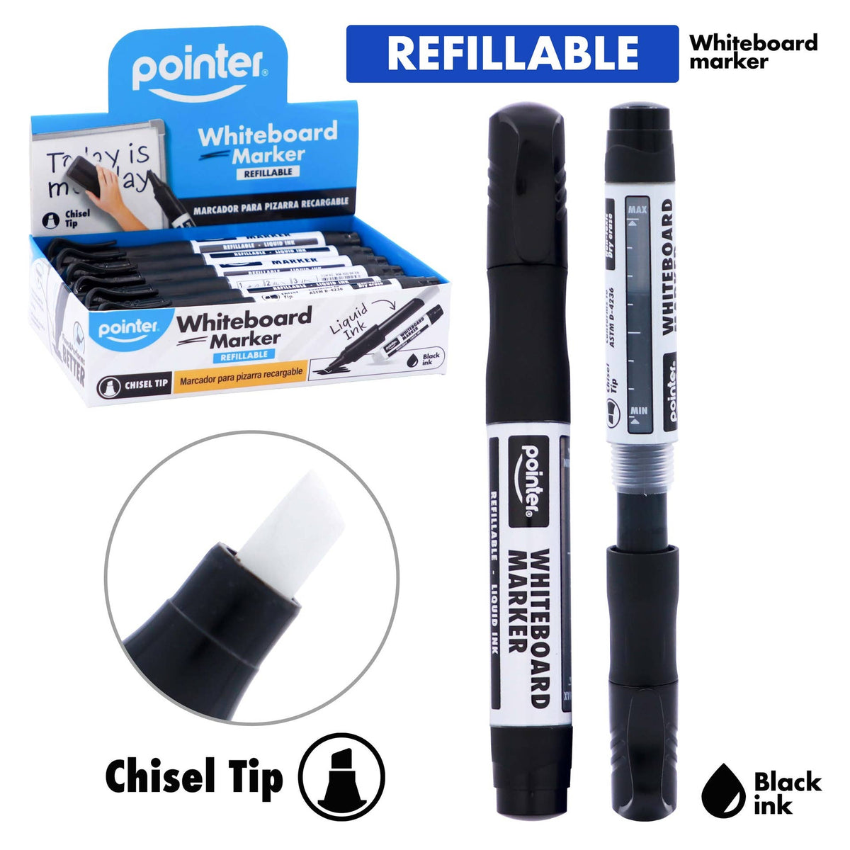 Dry Erase Markers – Refillable Chisel Tip Black 12 Pack