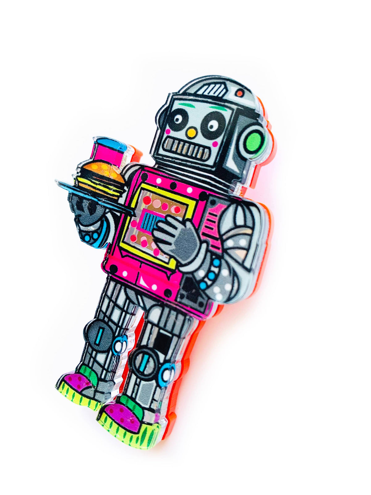 Retro Diner Robot Brooch 1950s Sci-Fi Waiter Acrylic Pin