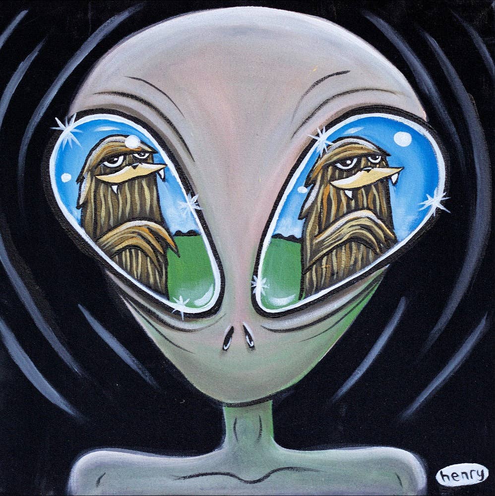 Alien Eyeing Sasquatch Canvas Print: 12 X 12