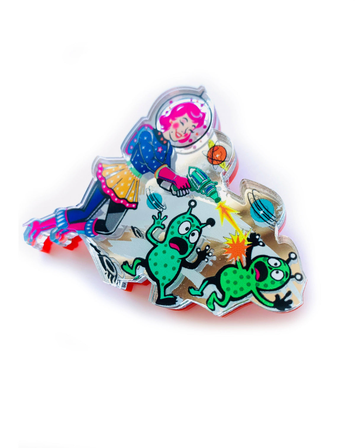 Space Girl Alien Blaster Acrylic Brooch, Retro Sci-Fi Pin