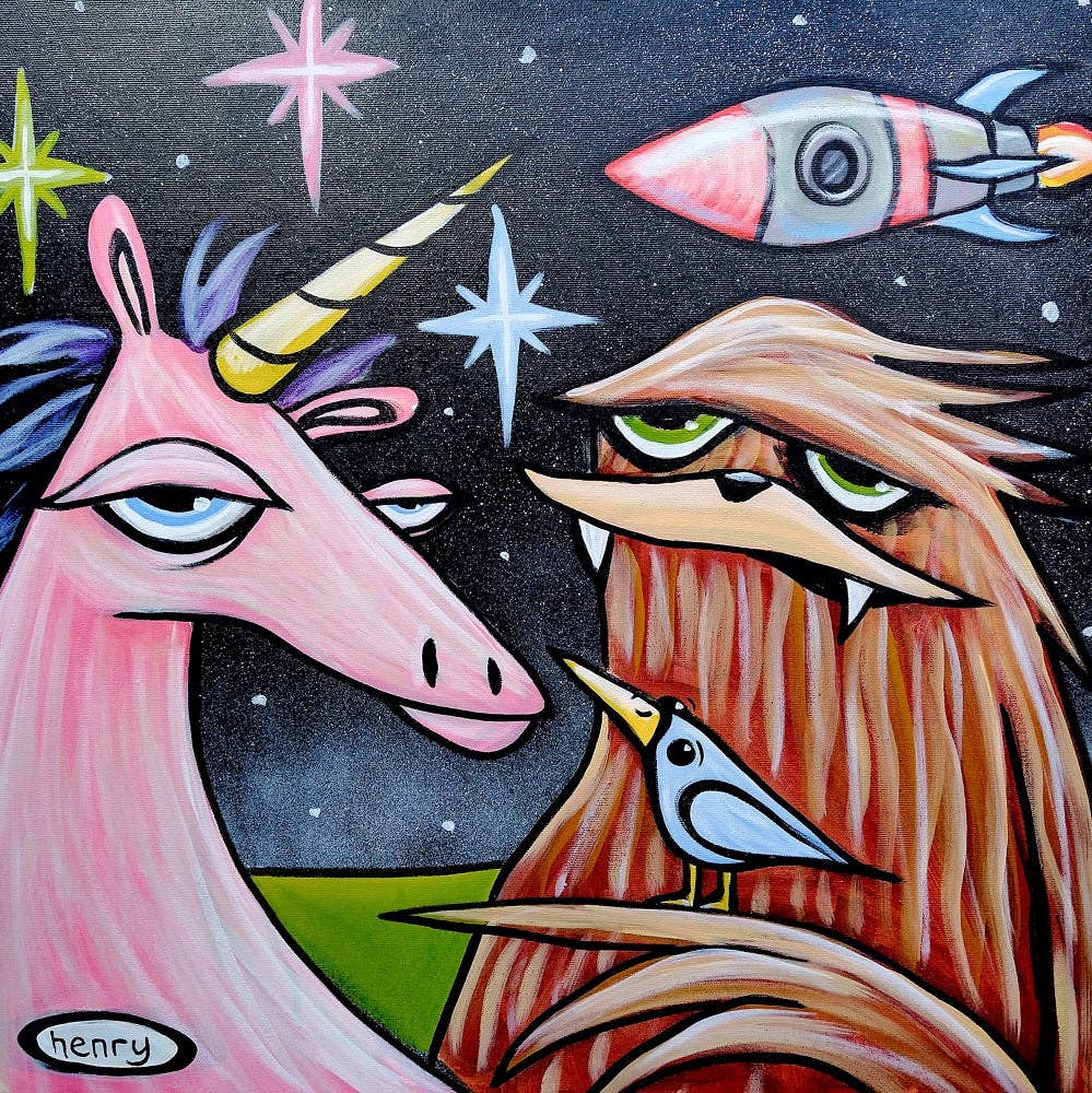 Unicorn, Sasquatch and Rocket Canvas Print: 8 X 8