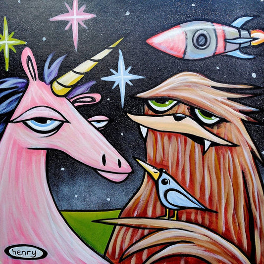 Unicorn, Sasquatch and Rocket Canvas Print: 8 X 8