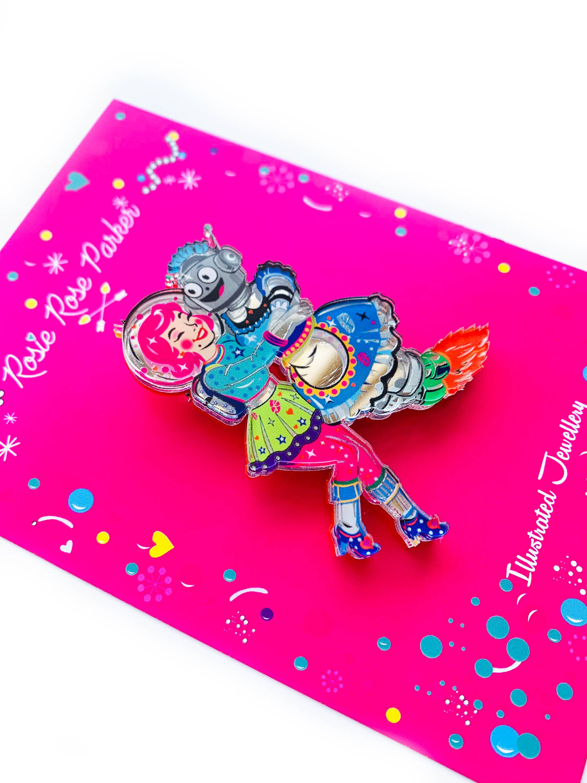 Robot & Space Girl Acrylic Brooch,Retro Sci-Fi Pin