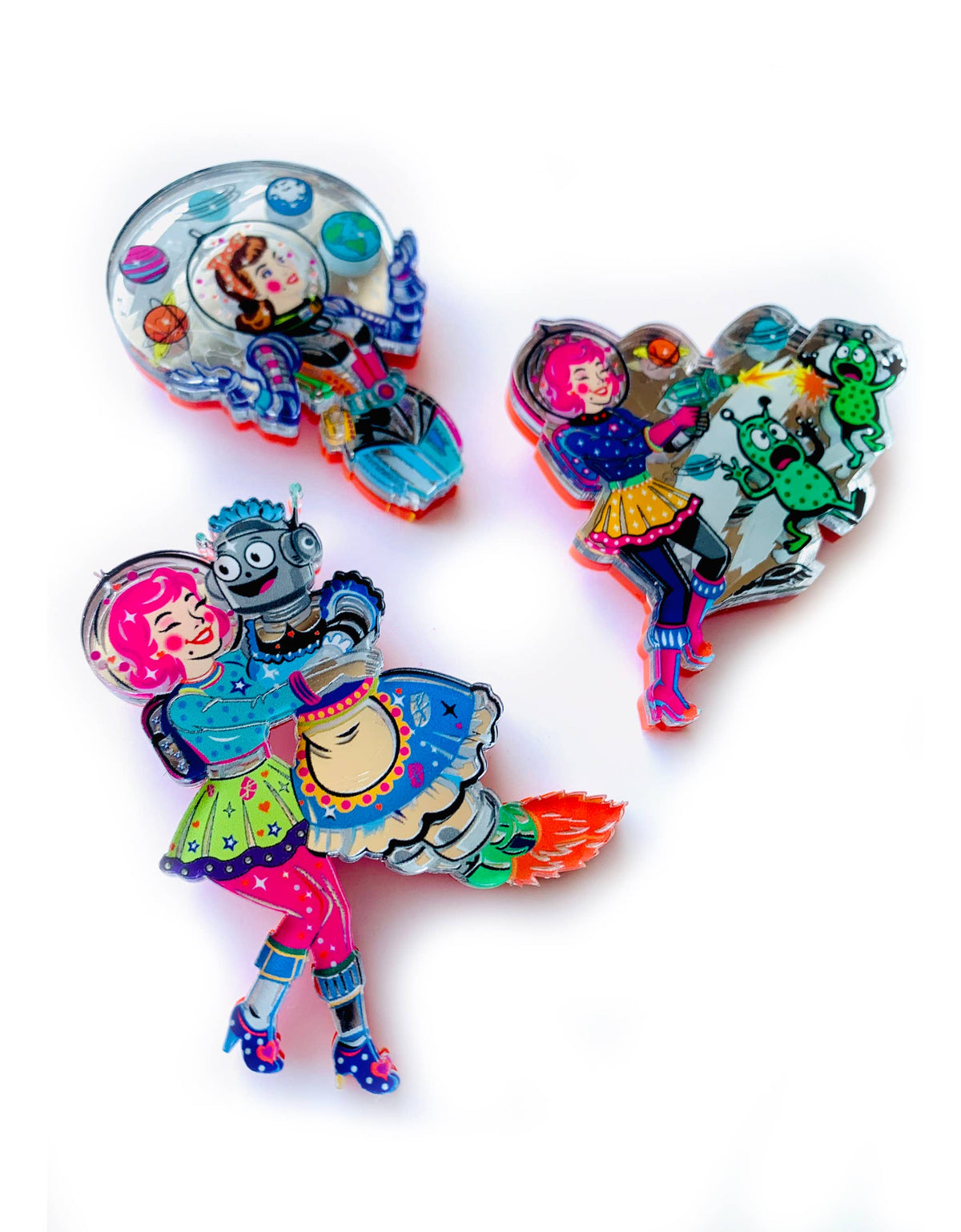 Robot & Space Girl Acrylic Brooch,Retro Sci-Fi Pin