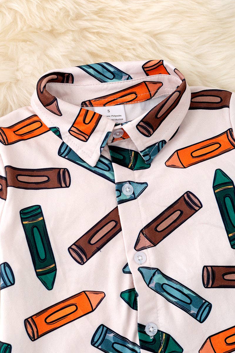 Crayon boys printed button up back to school shirt w/collar. TPB50283: S