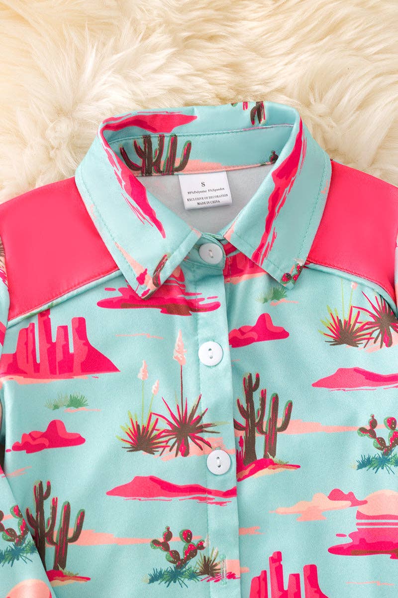 Pink & aqua dessert cactus printed button long shirt.(Western) TPG50653 JEAN: XS